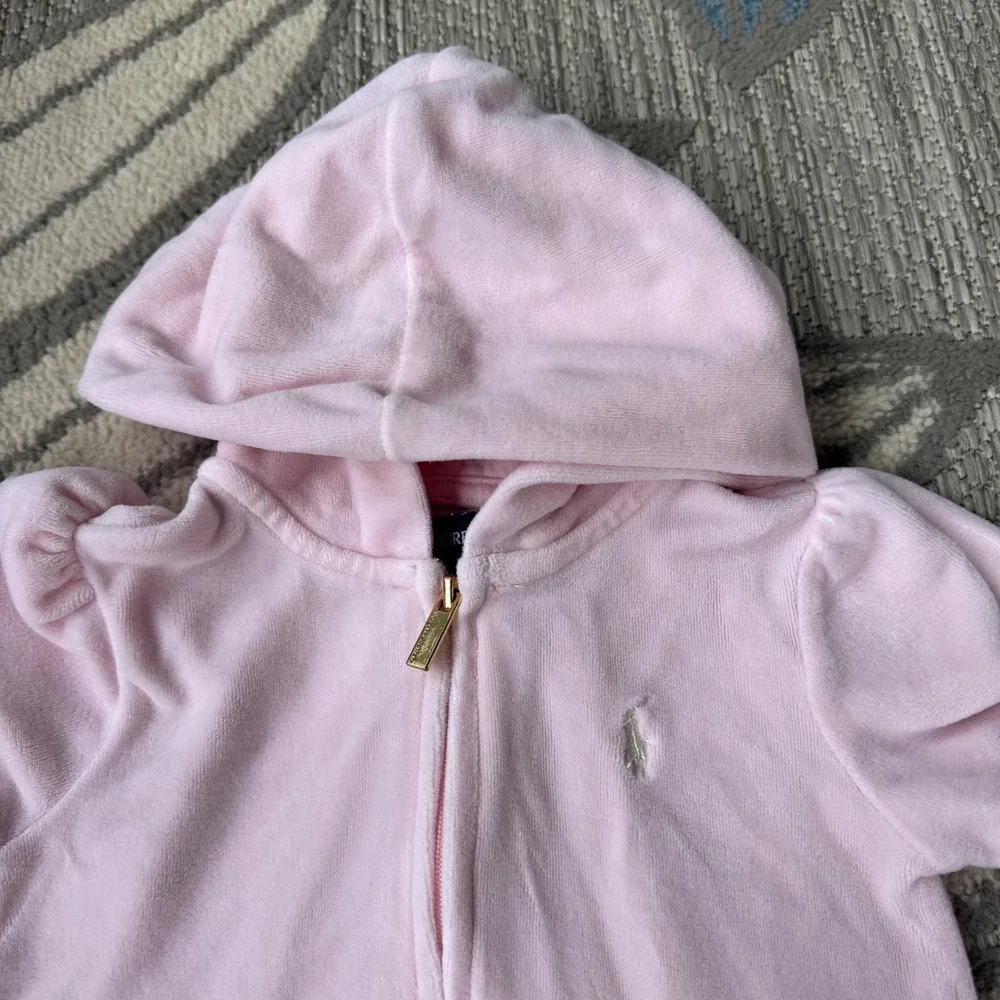 Ralph Lauren Baby Girls Pink Velour Peplum Zip Up Hoodie Size 9M